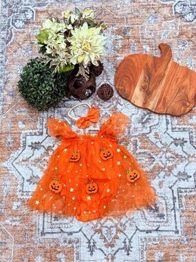 Orange Pumpkin Tulle Baby Halloween Costume with Headband